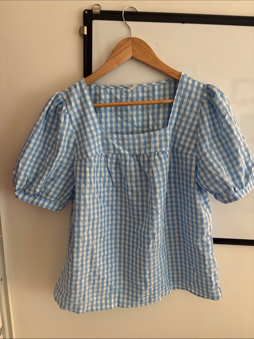 Light Blue Gingham Puff Sleeve Top